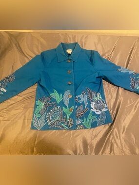 Chico's Teal Embroidered Button-Front Jacket